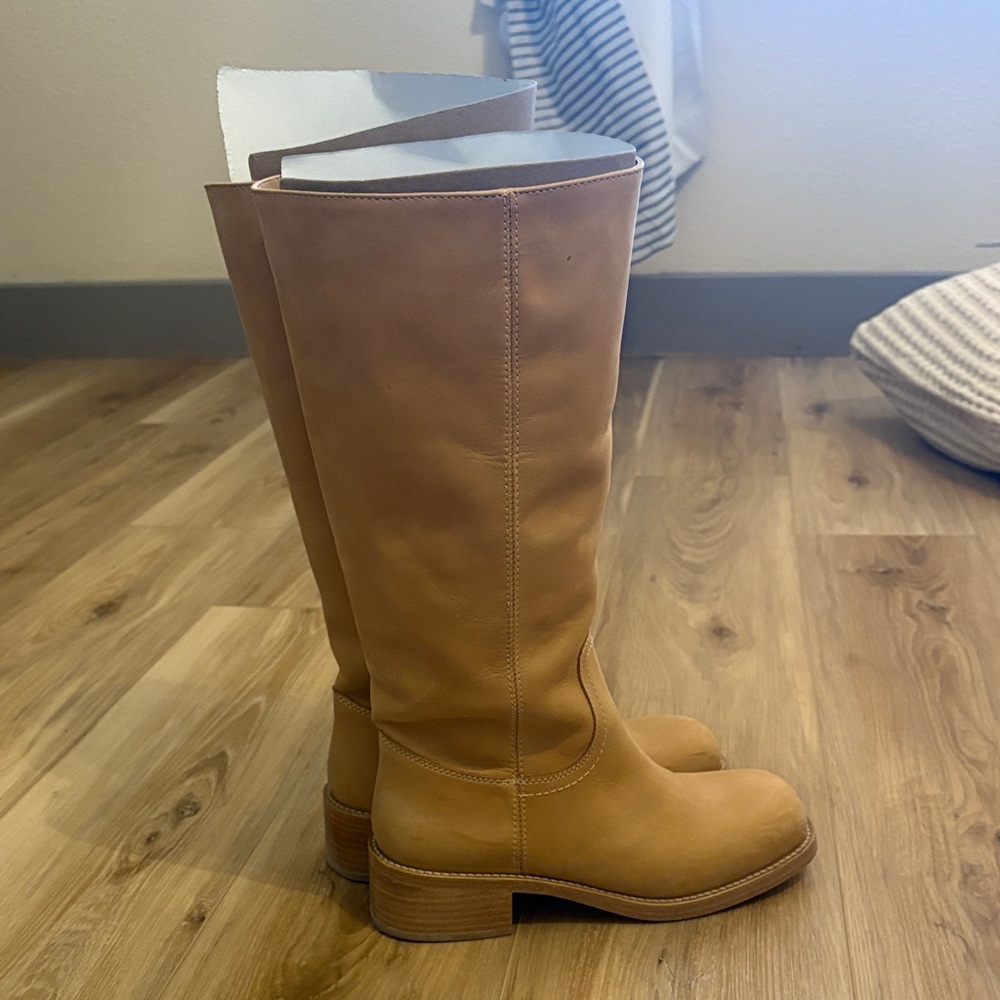 Worn 2x: Tan Leather Knee-High Boots Steve Madden Riggs Banana Boot WIDE CALF